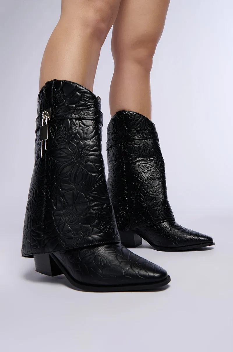 AZALEA WANG ARMORY EMBOSSED FAUX LEATHER BLACK COWBOY BOOTIE