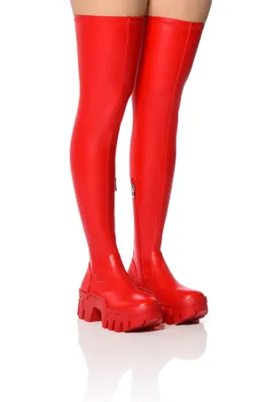 AZALEA WANG FAVORED STRETCH PU THIGH HIGH BOOT IN RED