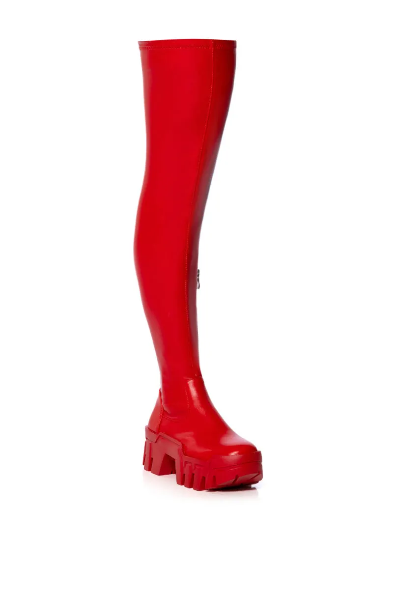 AZALEA WANG FAVORED STRETCH PU THIGH HIGH BOOT IN RED