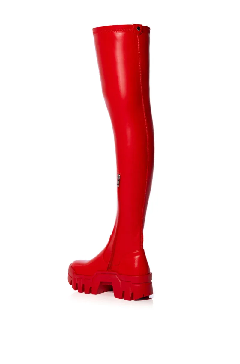 AZALEA WANG FAVORED STRETCH PU THIGH HIGH BOOT IN RED