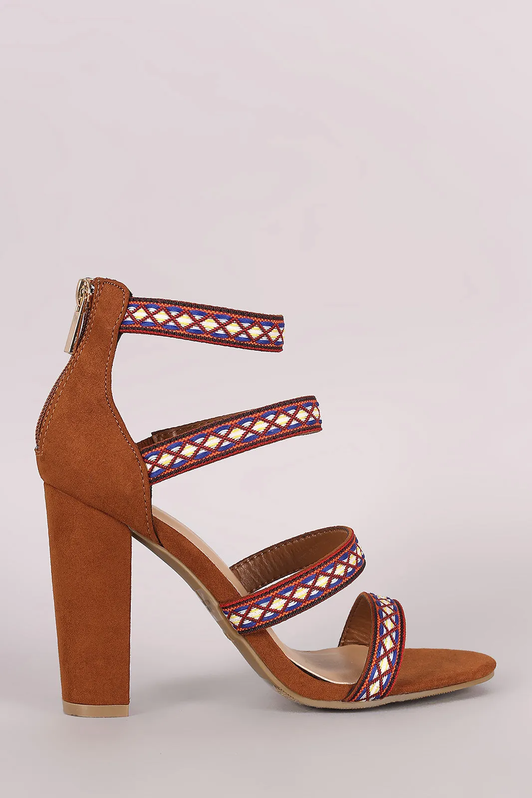 Bamboo Embroidered Suede Strappy Caged Chunky Heel