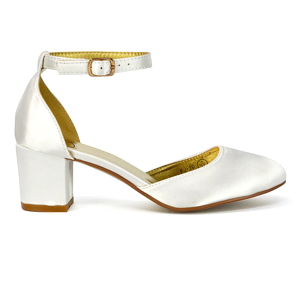 BILLIE-MAY CHUNKY STRAPPY MID BLOCK HIGH HEELS COURT SHOES IN IVORY