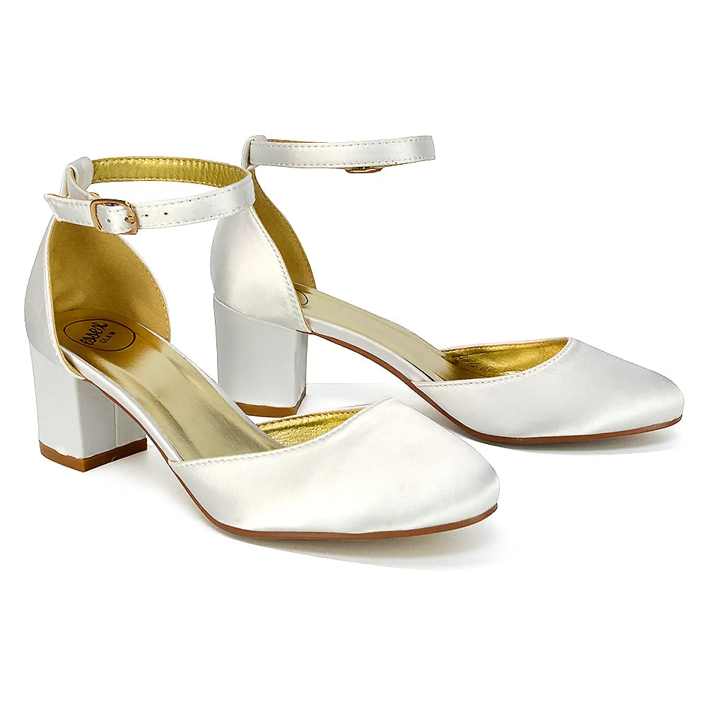 BILLIE-MAY CHUNKY STRAPPY MID BLOCK HIGH HEELS COURT SHOES IN IVORY