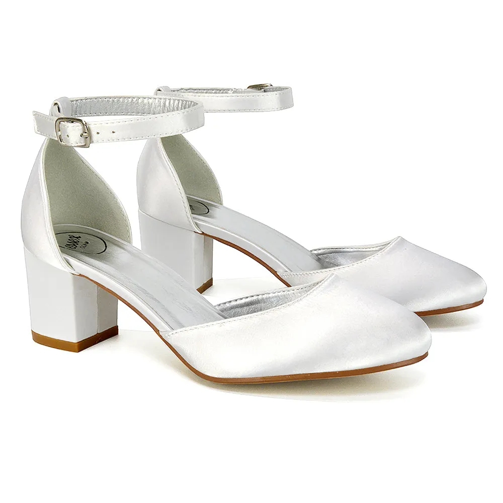 BILLIE-MAY CHUNKY STRAPPY MID BLOCK HIGH HEELS COURT SHOES IN IVORY