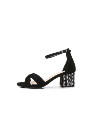 Black Cross Ankle Strappy Chunky Heel Sandal