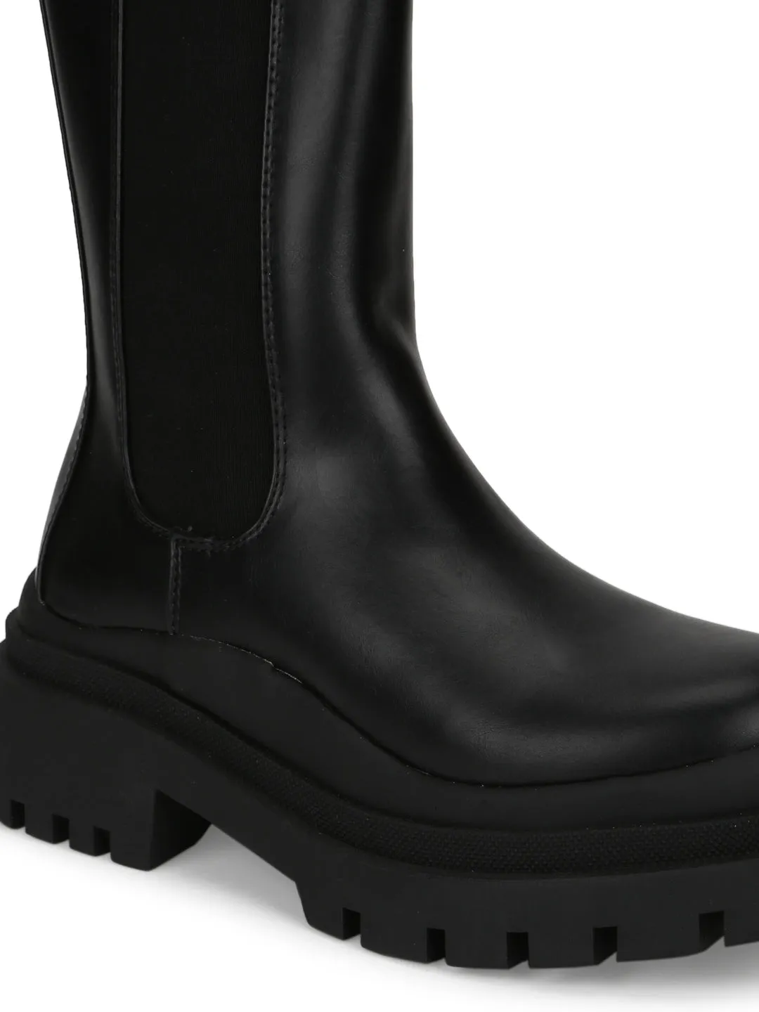 Black PU Chunky High Ankle Boots