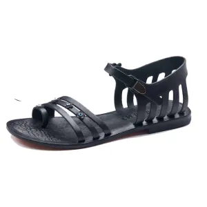 Black Strappy Leather Sandals For Womens