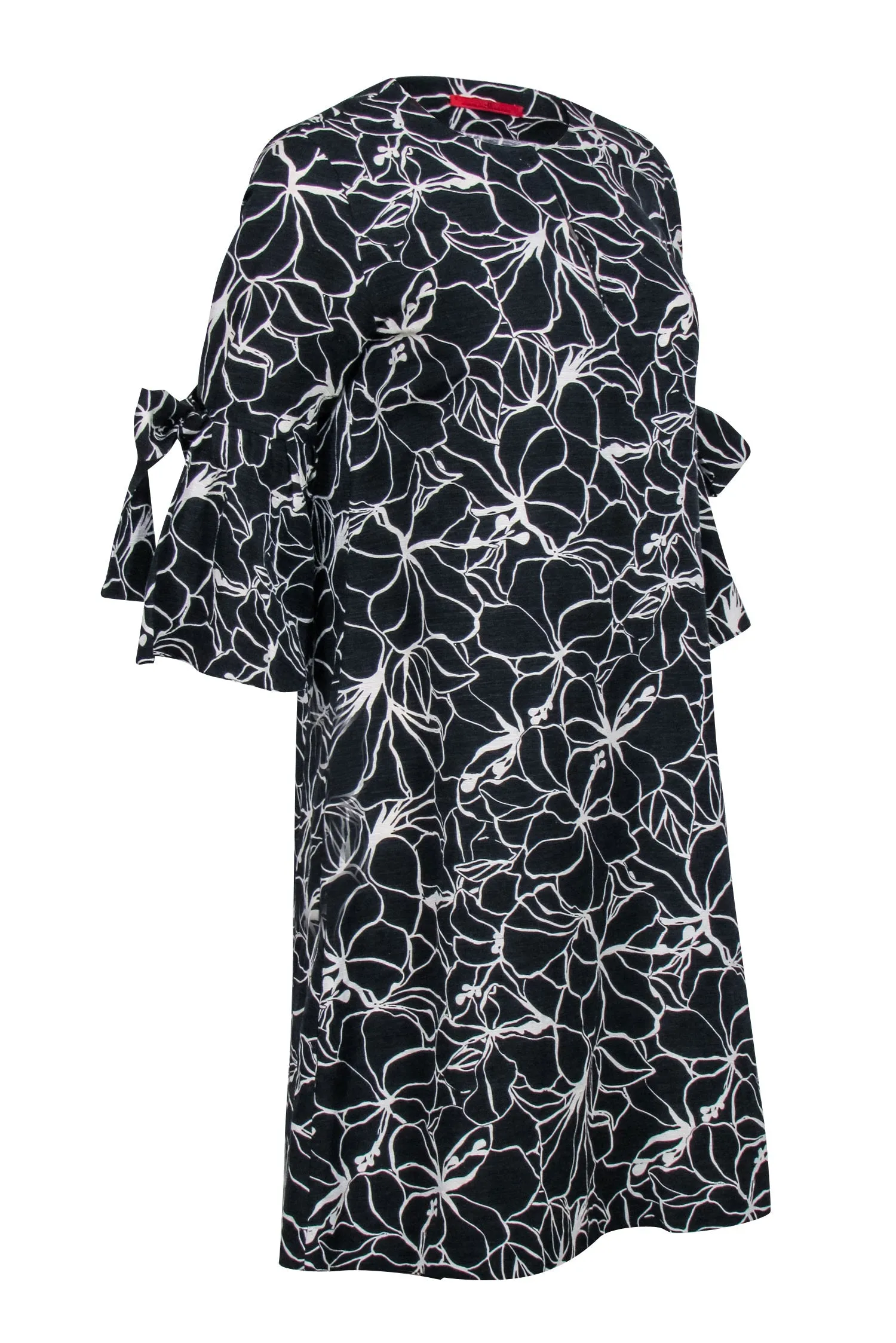 Carolina Herrera - Black & White Floral Print Bell Sleeve Shift Dress Sz S