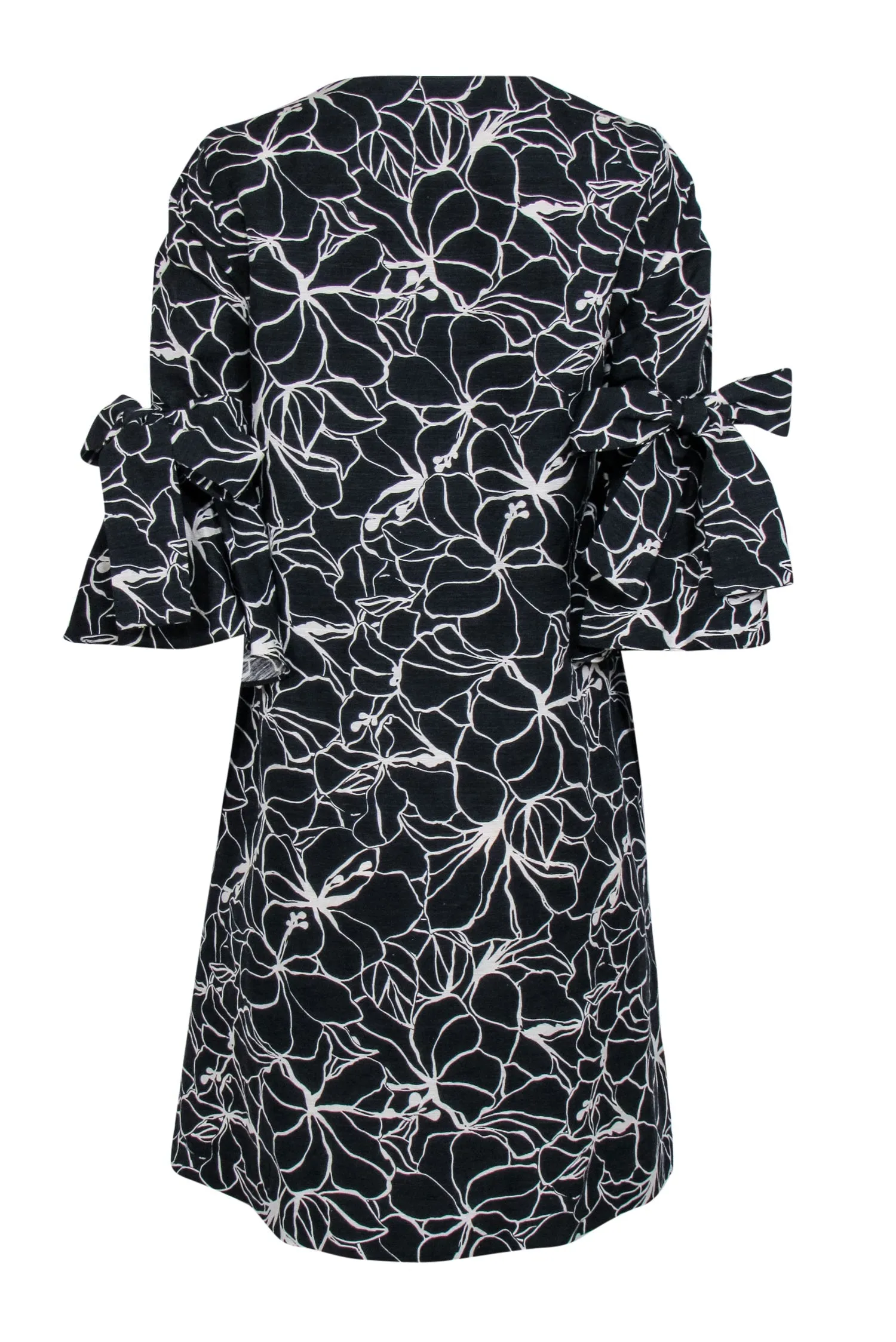 Carolina Herrera - Black & White Floral Print Bell Sleeve Shift Dress Sz S