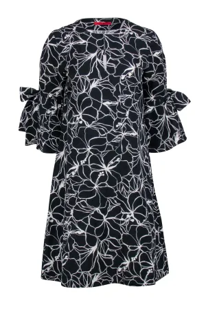 Carolina Herrera - Black & White Floral Print Bell Sleeve Shift Dress Sz S