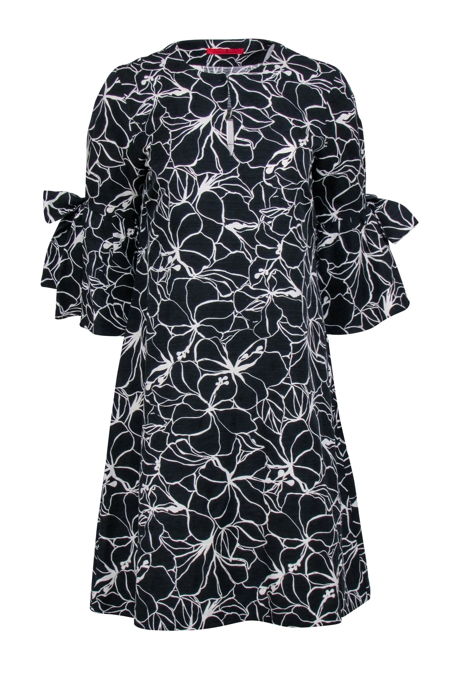 Carolina Herrera - Black & White Floral Print Bell Sleeve Shift Dress Sz S