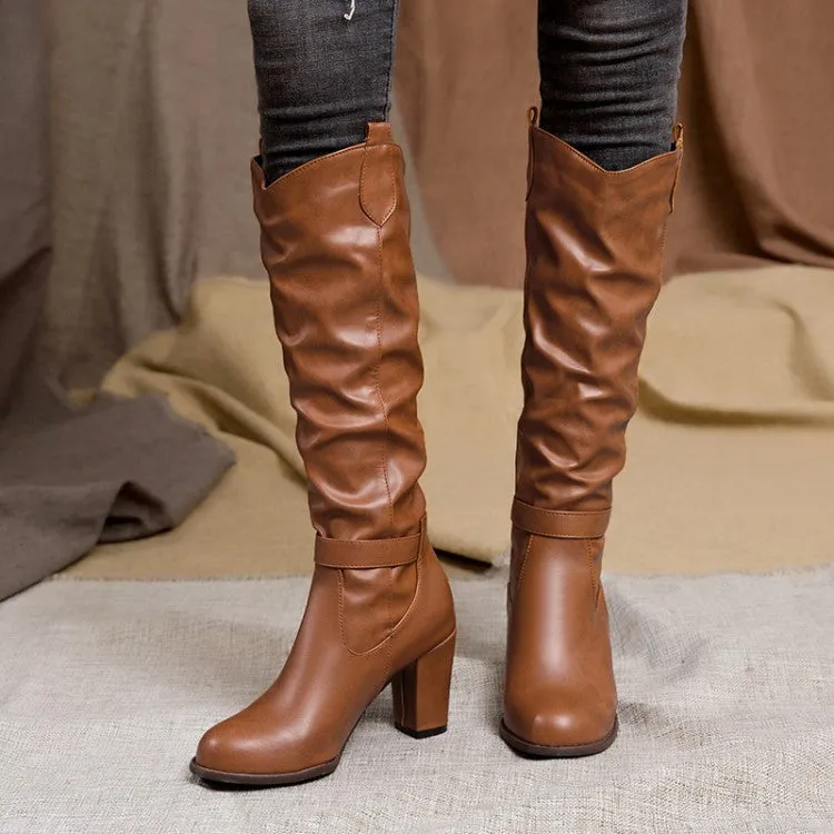 Chunky high heels under the knee slouchy biker boots