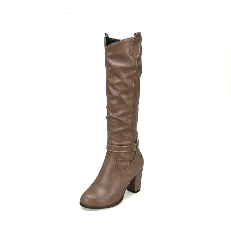 Chunky high heels under the knee slouchy biker boots