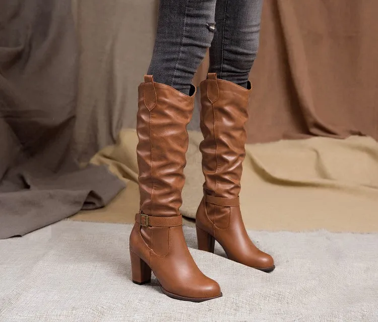 Chunky high heels under the knee slouchy biker boots