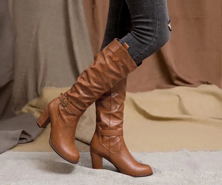 Chunky high heels under the knee slouchy biker boots