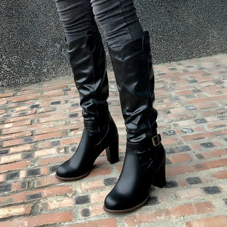 Chunky high heels under the knee slouchy biker boots