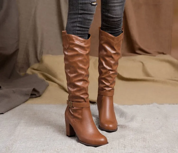 Chunky high heels under the knee slouchy biker boots