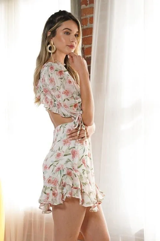 Daydreamer Ruffle Trim Open Back Floral Mini Dress