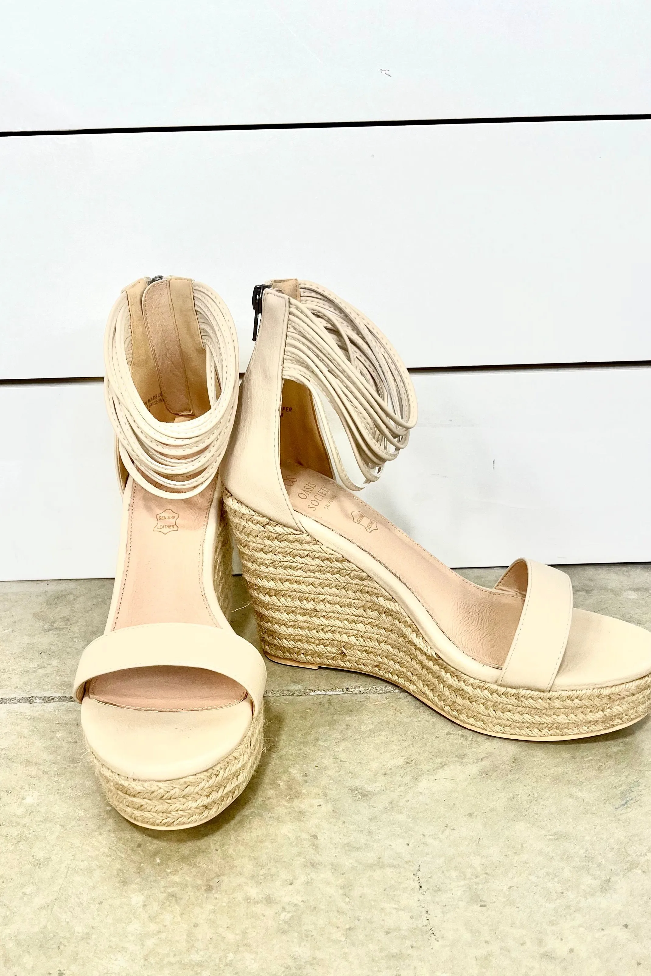 Down To Earth- Beige Platform Espadrille Wedges w/ Ankle Strap Details