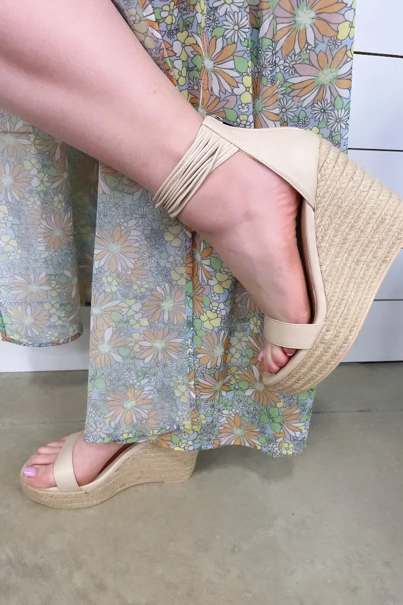 Down To Earth- Beige Platform Espadrille Wedges w/ Ankle Strap Details