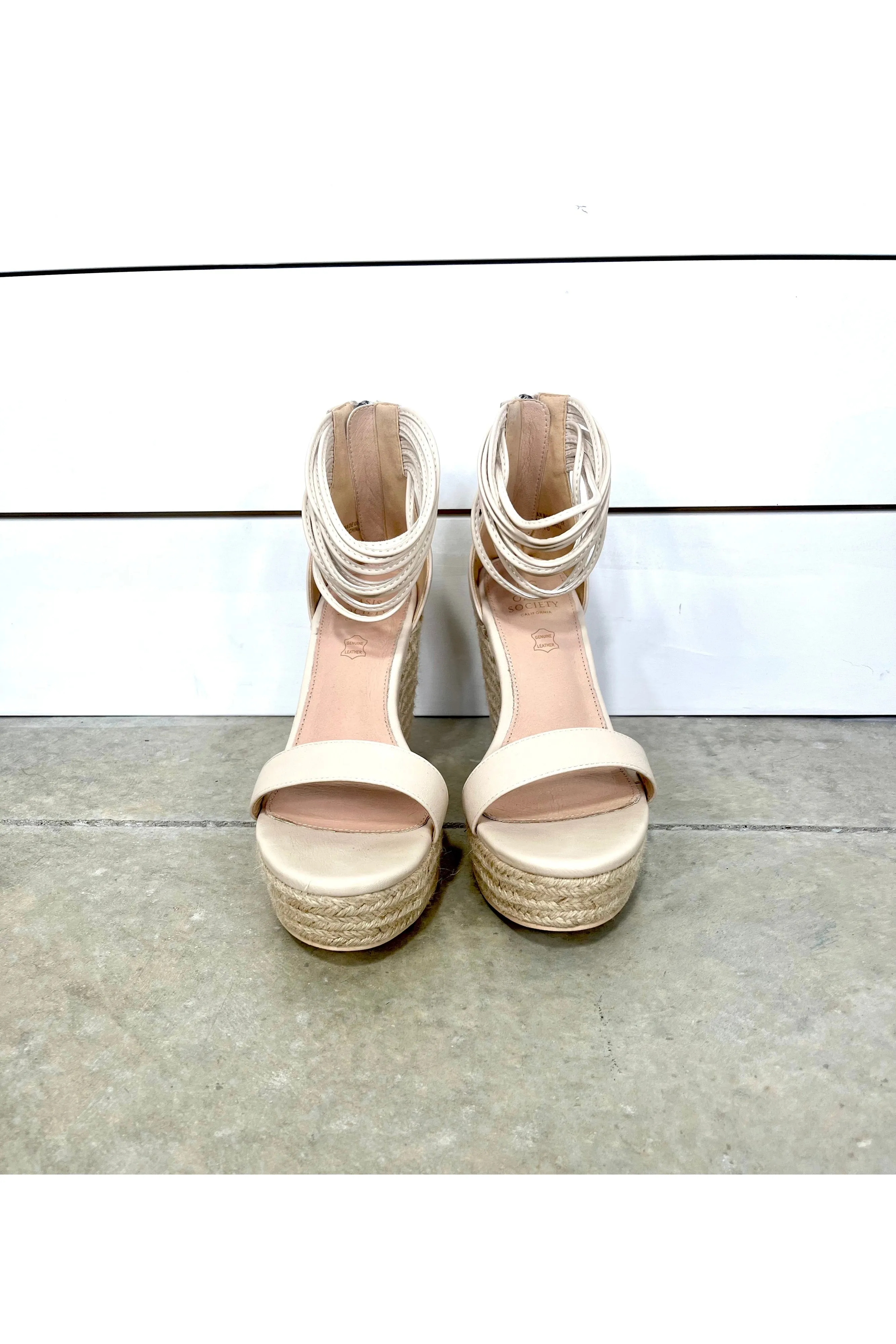 Down To Earth- Beige Platform Espadrille Wedges w/ Ankle Strap Details