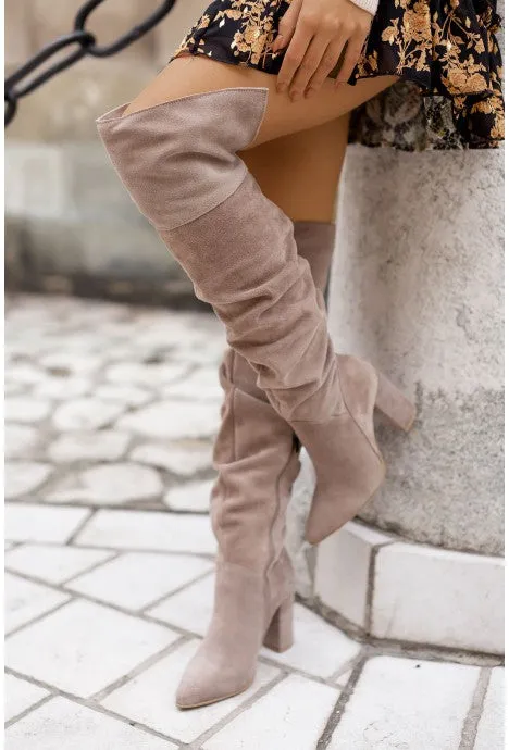 Faux suede slouchy wide calf chunky high heels over the knee boots