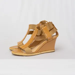 Fendi Beige Patent Leather And Elastic Fabric Carioca Wedge Espadrille Sandals, 36.5