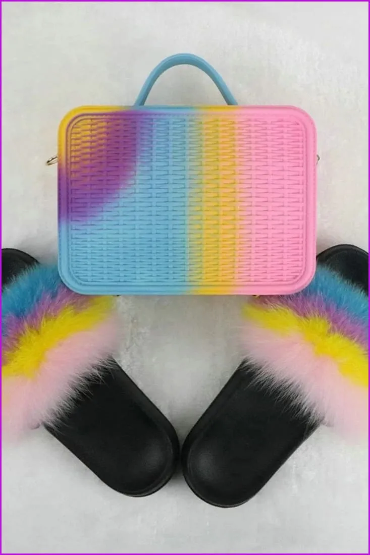 Fur Slides with Matching Jelly Purses Bag Rainbow Fluffy Slides F738