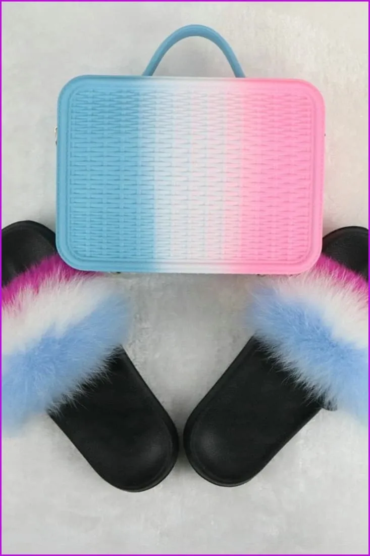 Fur Slides with Matching Jelly Purses Bag Rainbow Fluffy Slides F738