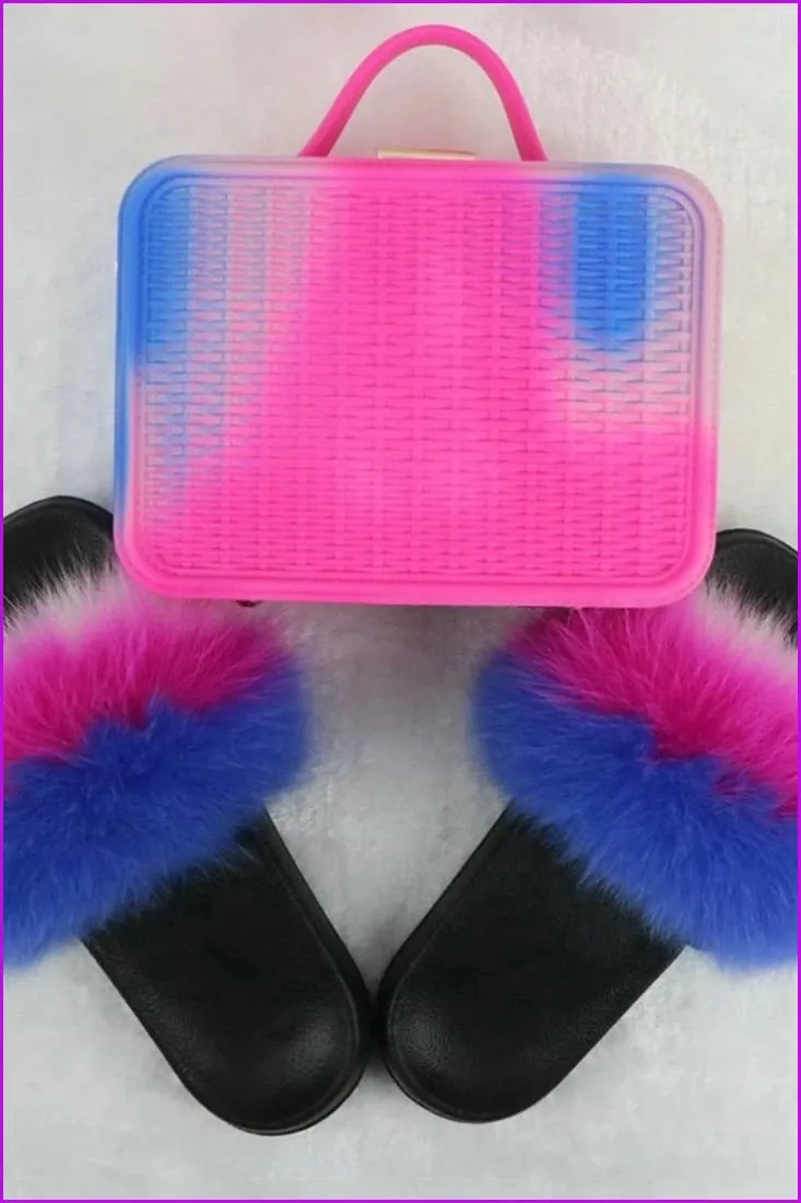 Fur Slides with Matching Jelly Purses Bag Rainbow Fluffy Slides F738