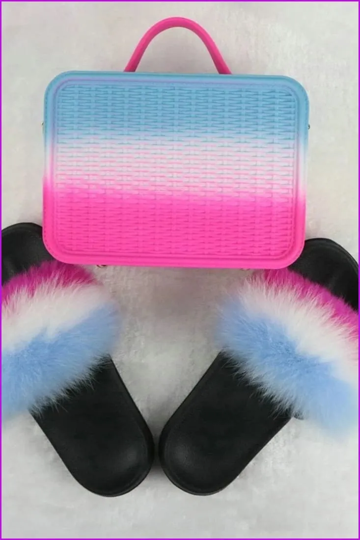 Fur Slides with Matching Jelly Purses Bag Rainbow Fluffy Slides F738