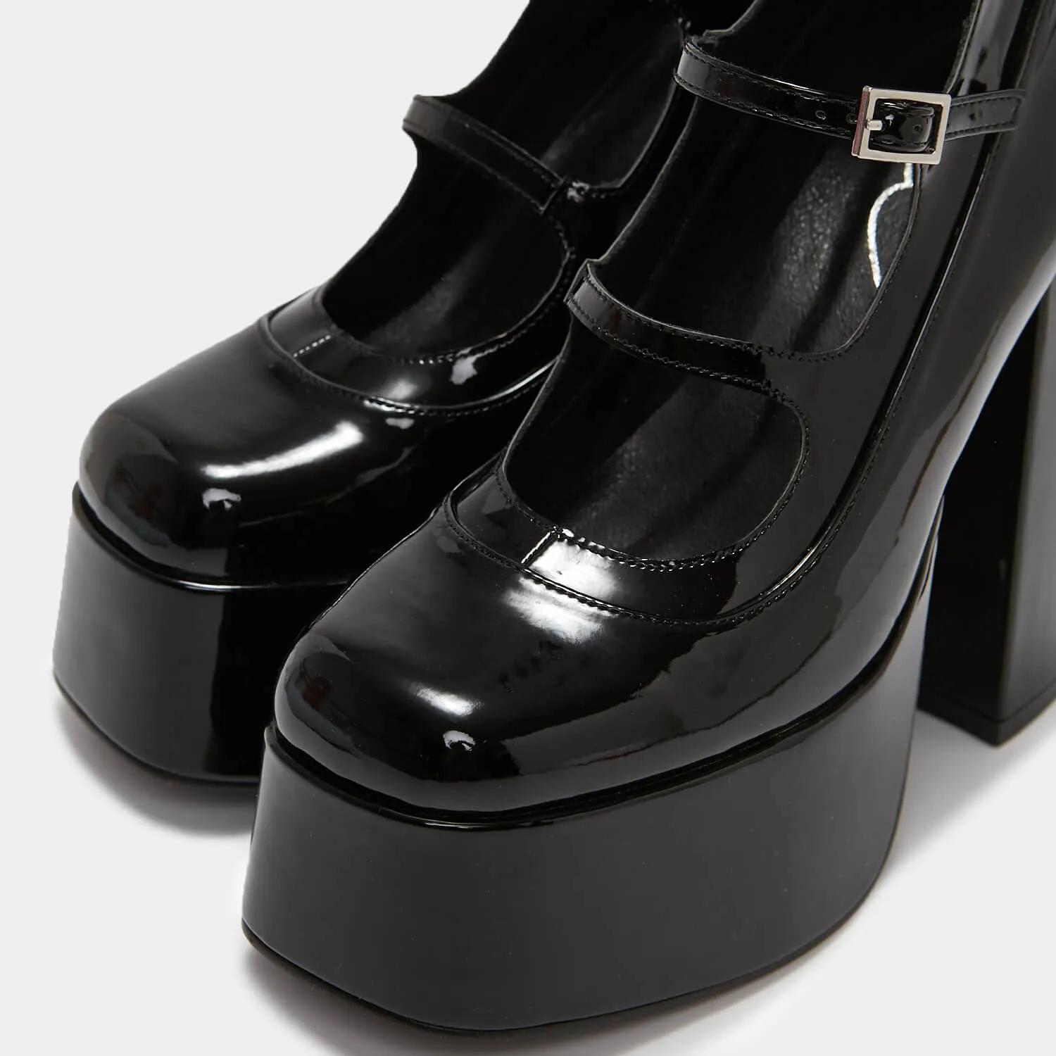 Gurren Strappy Black Patent Platform Heels