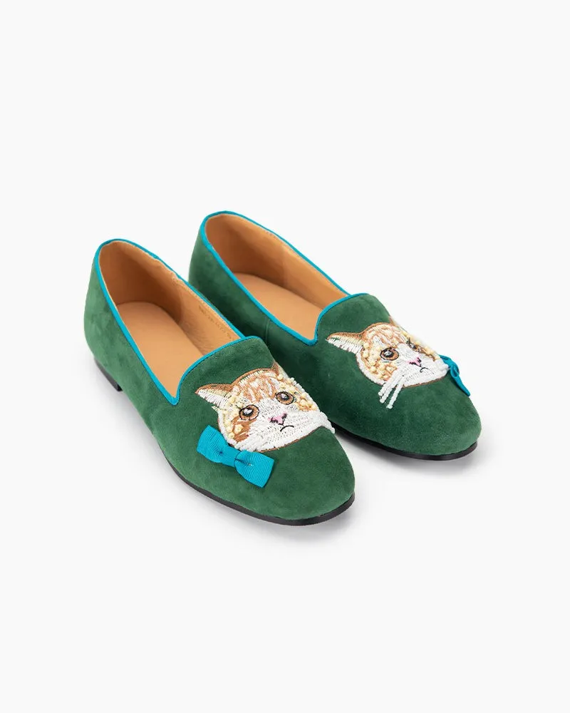 Handcrafted Cat Motif Embroidered Suede Slip-On Loafers