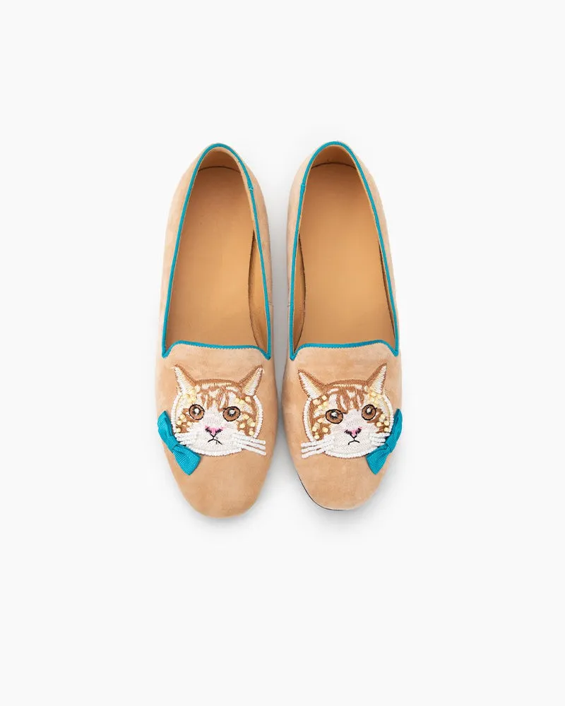 Handcrafted Cat Motif Embroidered Suede Slip-On Loafers