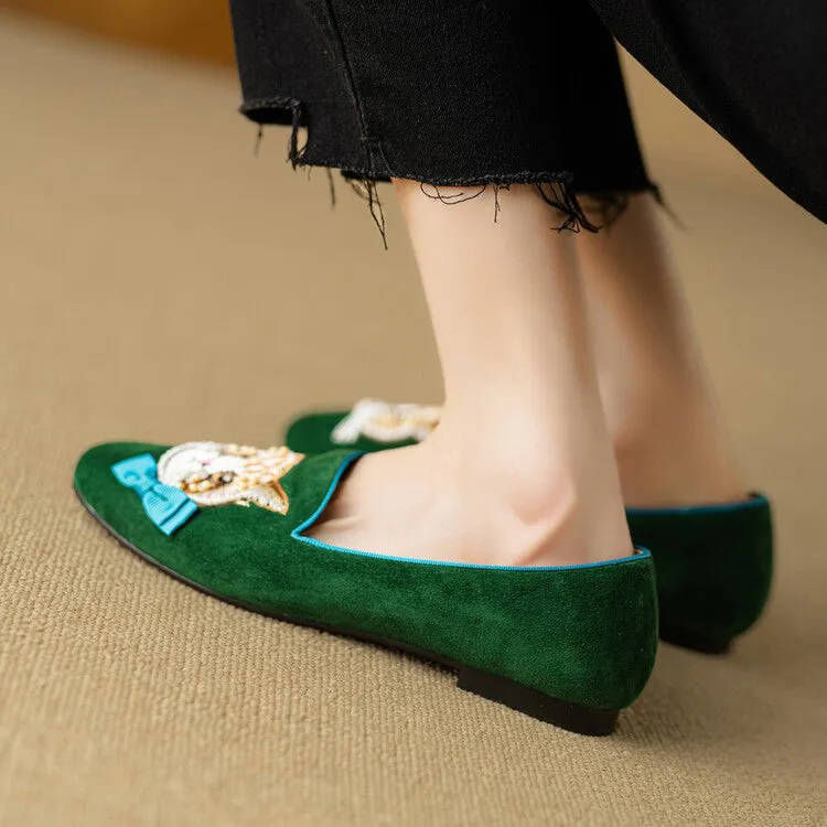 Handcrafted Cat Motif Embroidered Suede Slip-On Loafers