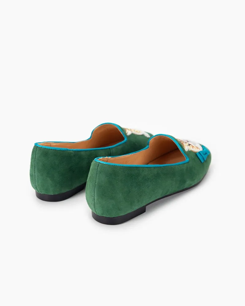 Handcrafted Cat Motif Embroidered Suede Slip-On Loafers