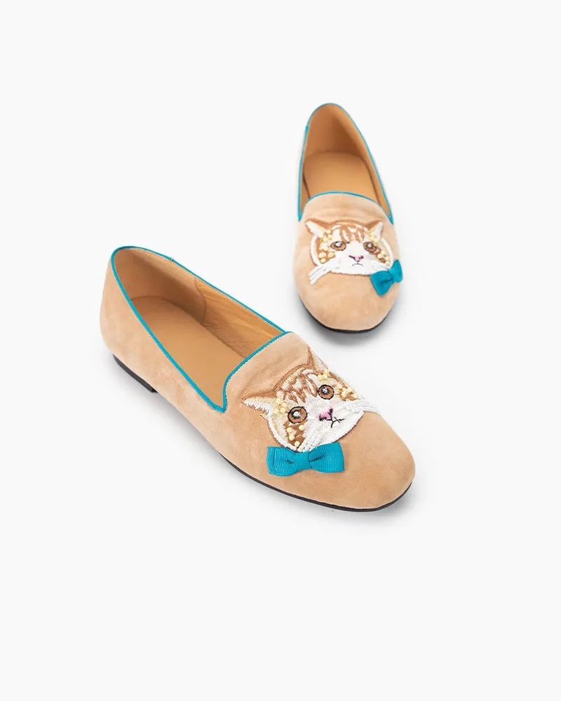 Handcrafted Cat Motif Embroidered Suede Slip-On Loafers