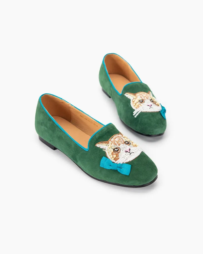 Handcrafted Cat Motif Embroidered Suede Slip-On Loafers