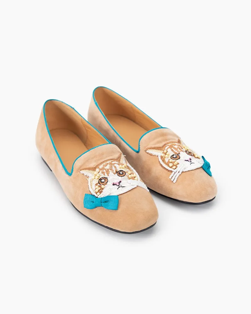 Handcrafted Cat Motif Embroidered Suede Slip-On Loafers