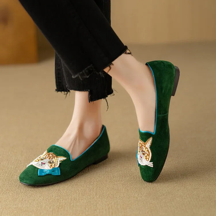 Handcrafted Cat Motif Embroidered Suede Slip-On Loafers