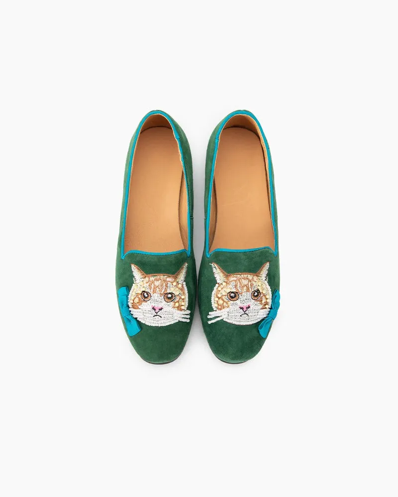 Handcrafted Cat Motif Embroidered Suede Slip-On Loafers