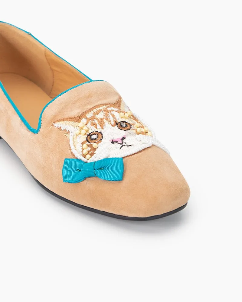 Handcrafted Cat Motif Embroidered Suede Slip-On Loafers