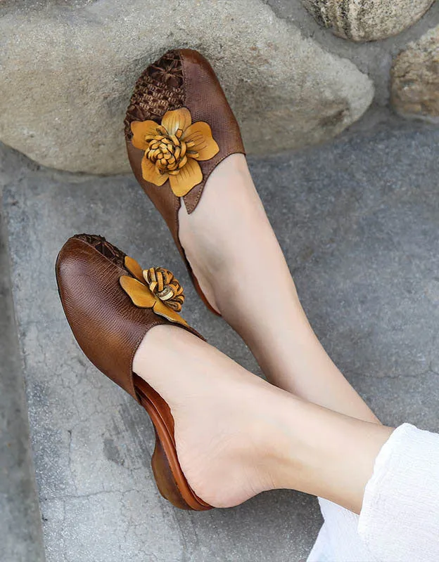 Handmade Leather Flower Comfortable Retro Slippers