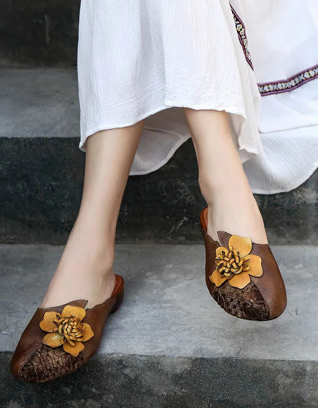 Handmade Leather Flower Comfortable Retro Slippers