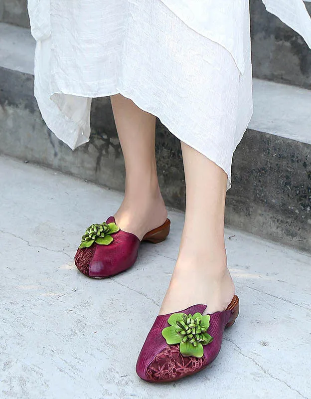 Handmade Leather Flower Comfortable Retro Slippers