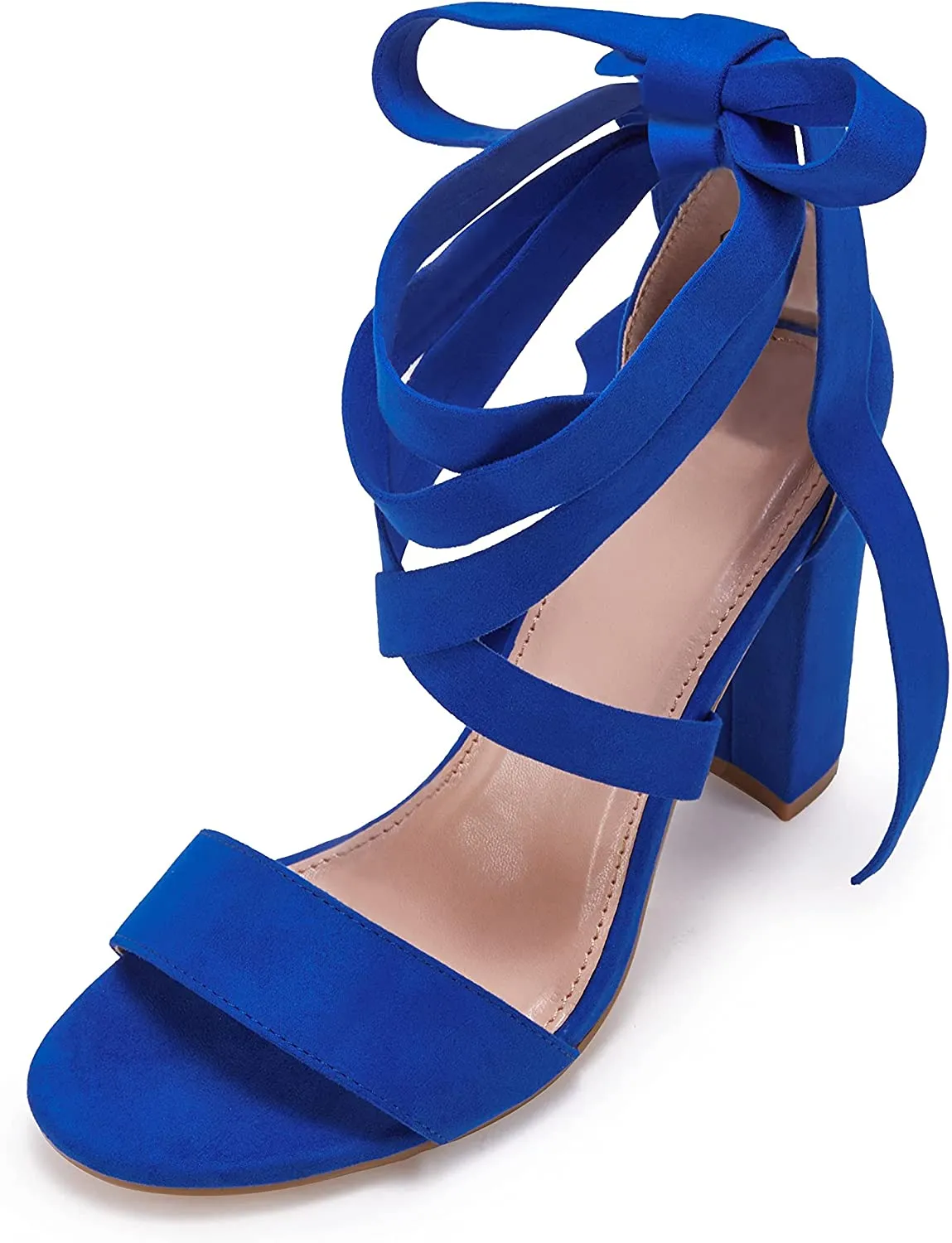 Lace Up High Heeled Royal Blue Chunky Block Ankle Strappy Sandals