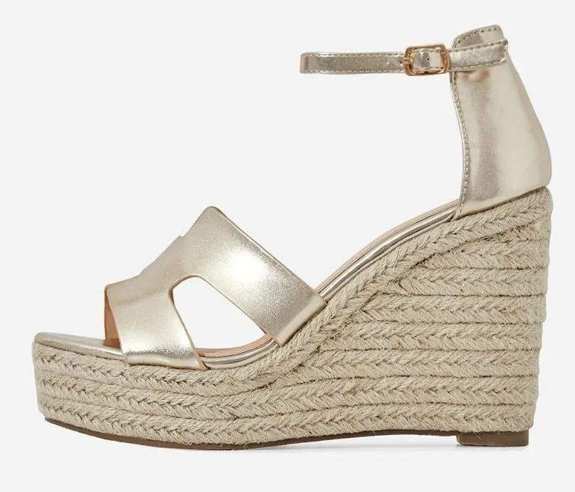 Lemonade Kayson Gold Unique H Vamp Platform Wedge Espadrille Ankle Strap Sandals