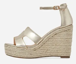 Lemonade Kayson Gold Unique H Vamp Platform Wedge Espadrille Ankle Strap Sandals