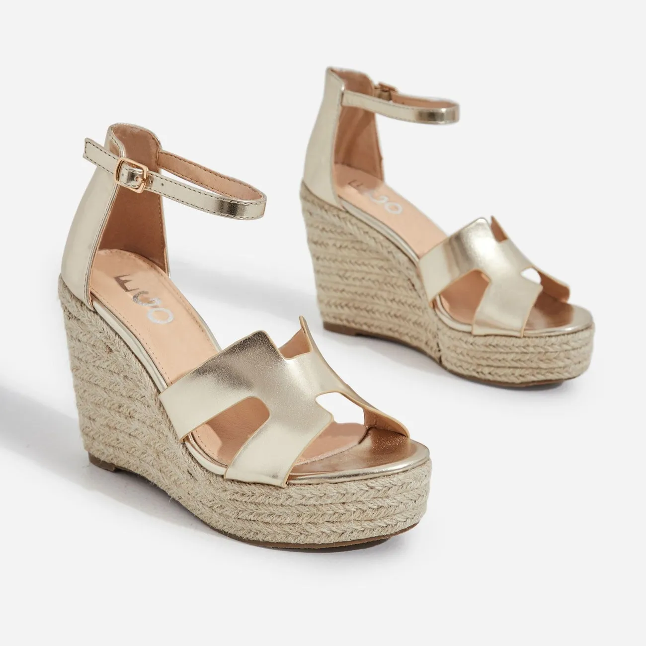 Lemonade Kayson Gold Unique H Vamp Platform Wedge Espadrille Ankle Strap Sandals