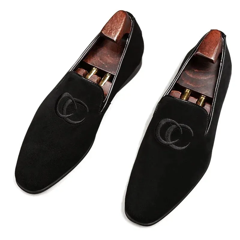 Men's Suede Embroidered Loafers - Handmade Casual Flats, Dress Shoes, and Party Slippers.